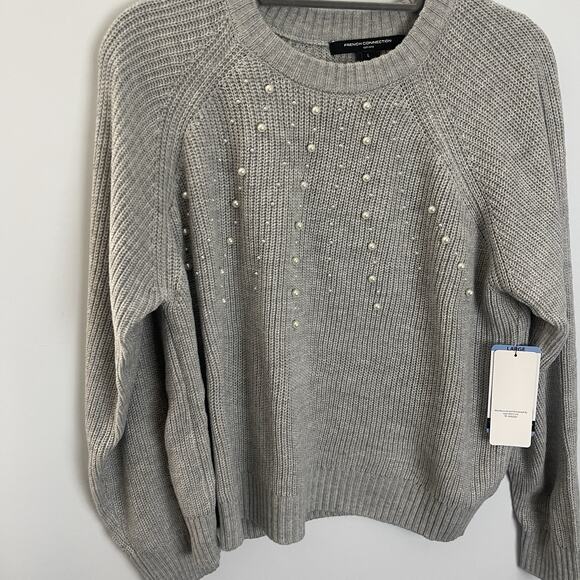 French Connection Women's Embellished Pearl Crewneck Pullover Sweater Gray Large - Picture 4 of 16